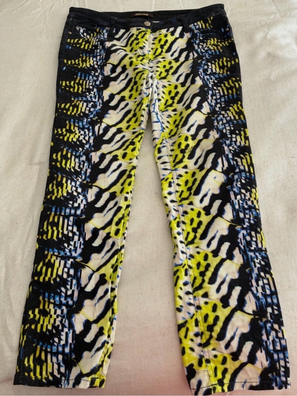 Roberto Cavalli Neon Yellow, Black & Blue Animal Print  Jeans